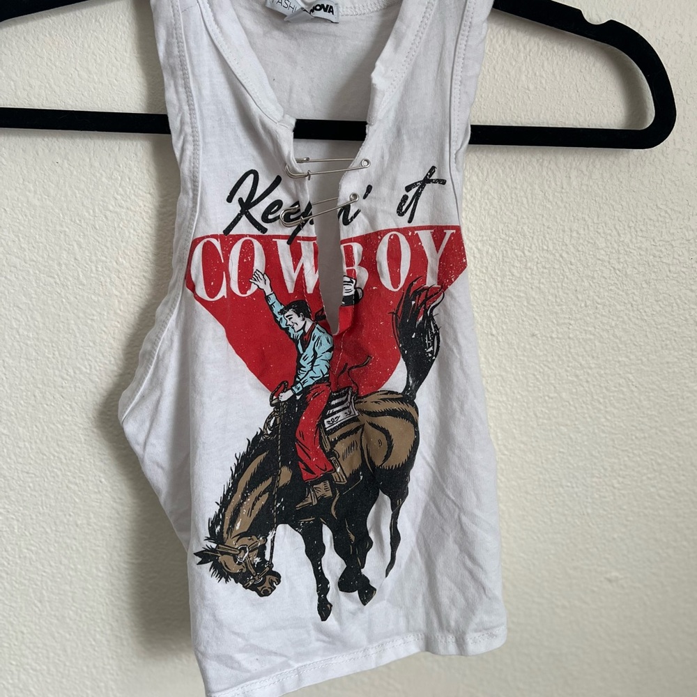 Fashion Nova Cowboy Graphic White Red Crop Top